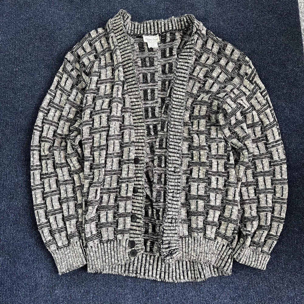 Vintage Private Stock Sweater Cardigan Mens XL Gray Geometric Chunky Knit USA